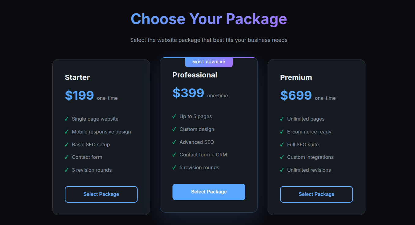 Pricing page package selection