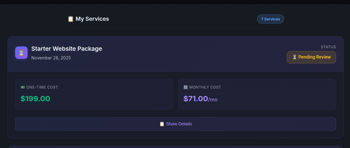 My Services dashboard showing Starter Website Package with monthly cost